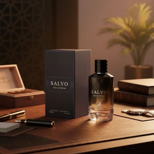 Salvo by Maison Alhambra minyak wangi lelaki di meja kulit, gaya gentleman, warm amber lighting Malaysia