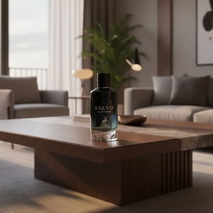 Salvo Maison Alhambra perfume lelaki di apartment moden Malaysia, warm ambient lighting, lifestyle premium