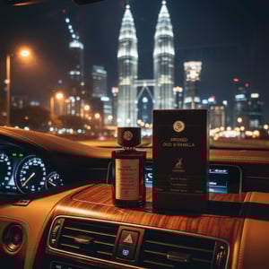 Smoked Oud &amp; Vanilla atas dashboard kereta malam KL