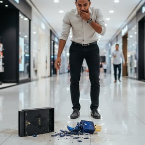 Man standing in a mall with broken items on the floor