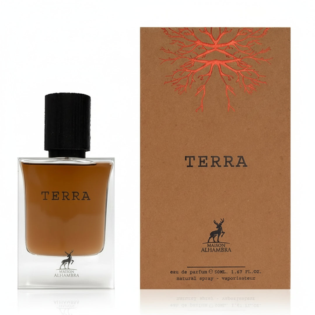 Terra perfume bottle and packaging with a deer logo on a white background