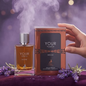 Your Touch Intense on velvet with lavender mist, Malaysian woman reaching; clear bottle and box, warm cinematic light.