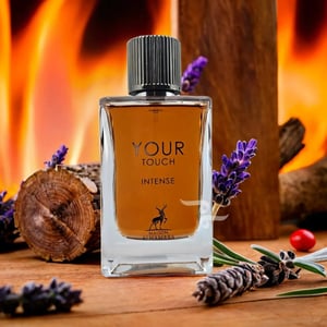 Your Touch Intense on polished marble with juniper and icy mist, Malaysian interior clear bottle and box, cinematic realism.