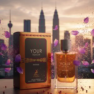 Your Touch Intense bottle with violet petals and pink pepper sparks at KL rooftop dusk; bottle and box clearly visible, cinematic realism.
