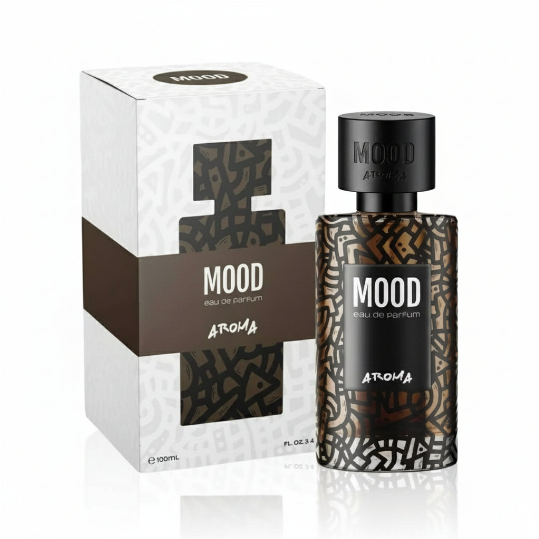 Perfume bottle and packaging with 'Mood' branding on a white background