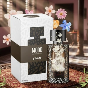 Mood Aroma perfume bottle and packaging on a light pink background with floral elements.