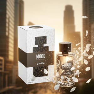 Mood perfume bottle and packaging on a white background