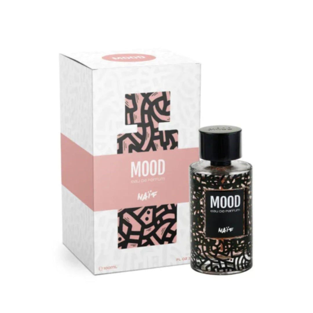 Perfume bottle and packaging with 'MOOD' branding on a white background