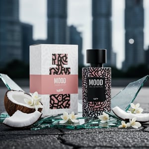 Perfume bottle and packaging with 'MOOD' branding on a gradient background