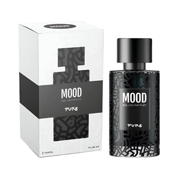 Mood Pure perfume bottle and packaging on a gray background