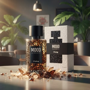 Mood perfume bottle and packaging on a white background