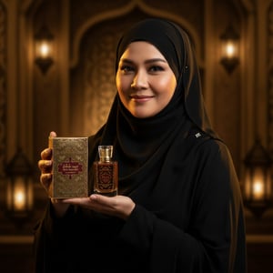 wanita berhijab malaysia pegang oud maluky gaya elegan gelap arab