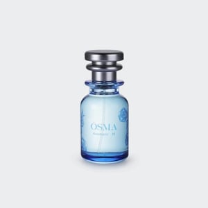 Blue perfume bottle with silver cap on a light gray background