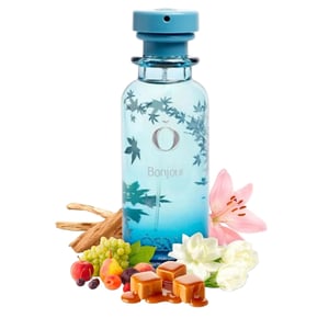 Blue bottle with floral design on a white background, surrounded by flowers and fruits.