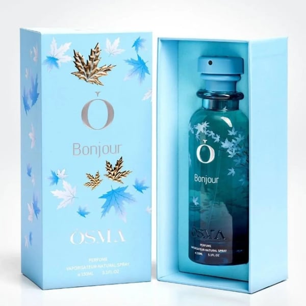 OSMA 'Bonjour' perfume bottle and packaging with floral designs on a light blue background