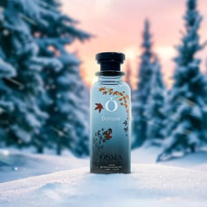 Bottle of Osmia Bonsai in a snowy landscape with trees in the background