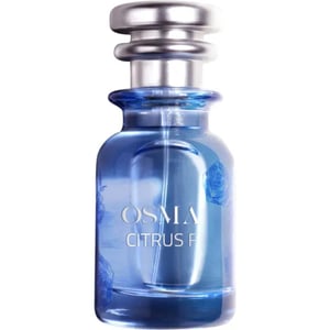 Blue perfume bottle with silver cap on a white background