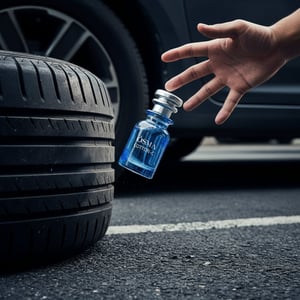 Blue perfume bottle with silver cap on a white background