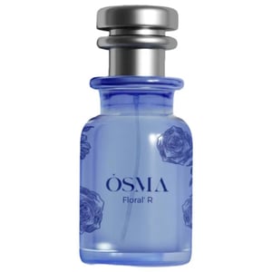 Blue Osma perfume bottle with silver cap on a white background