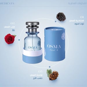 OSMA floral perfume bottle and packaging on a light blue background with ingredients displayed.