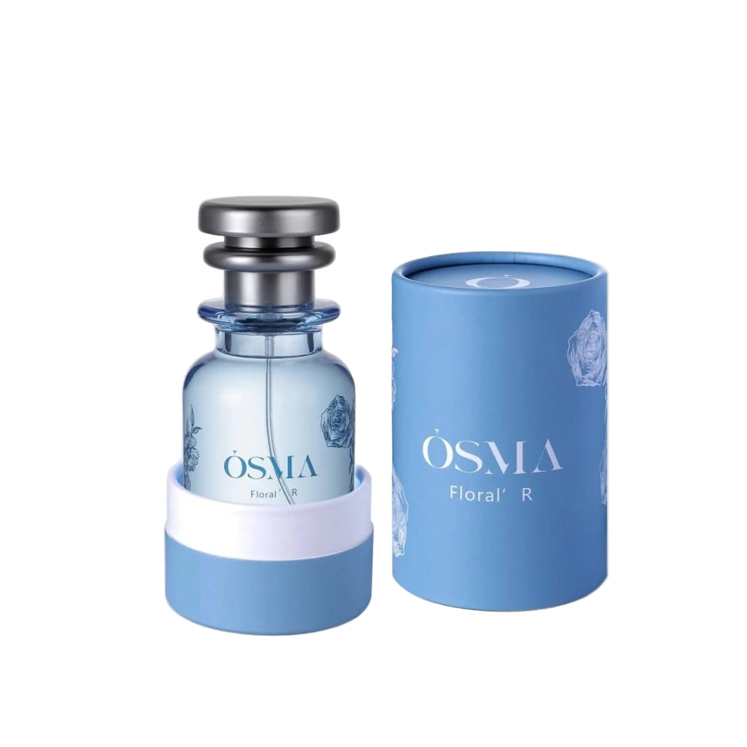 OSMA floral R perfume bottle and packaging on a light gray background