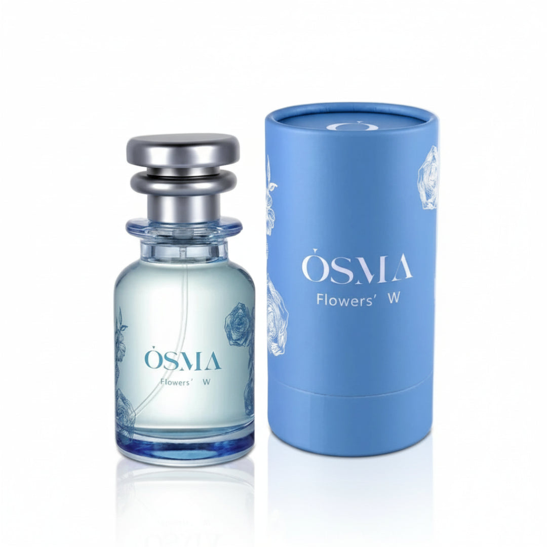 OSMA Flowers W perfume bottle and packaging on a white background
