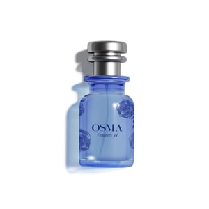 Blue perfume flowers w bottle with silver cap on a white background