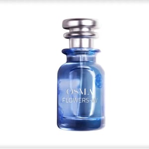 Blue perfume bottle labeled 'Osmia Flowers' with 'Parfumo' logo on a white background