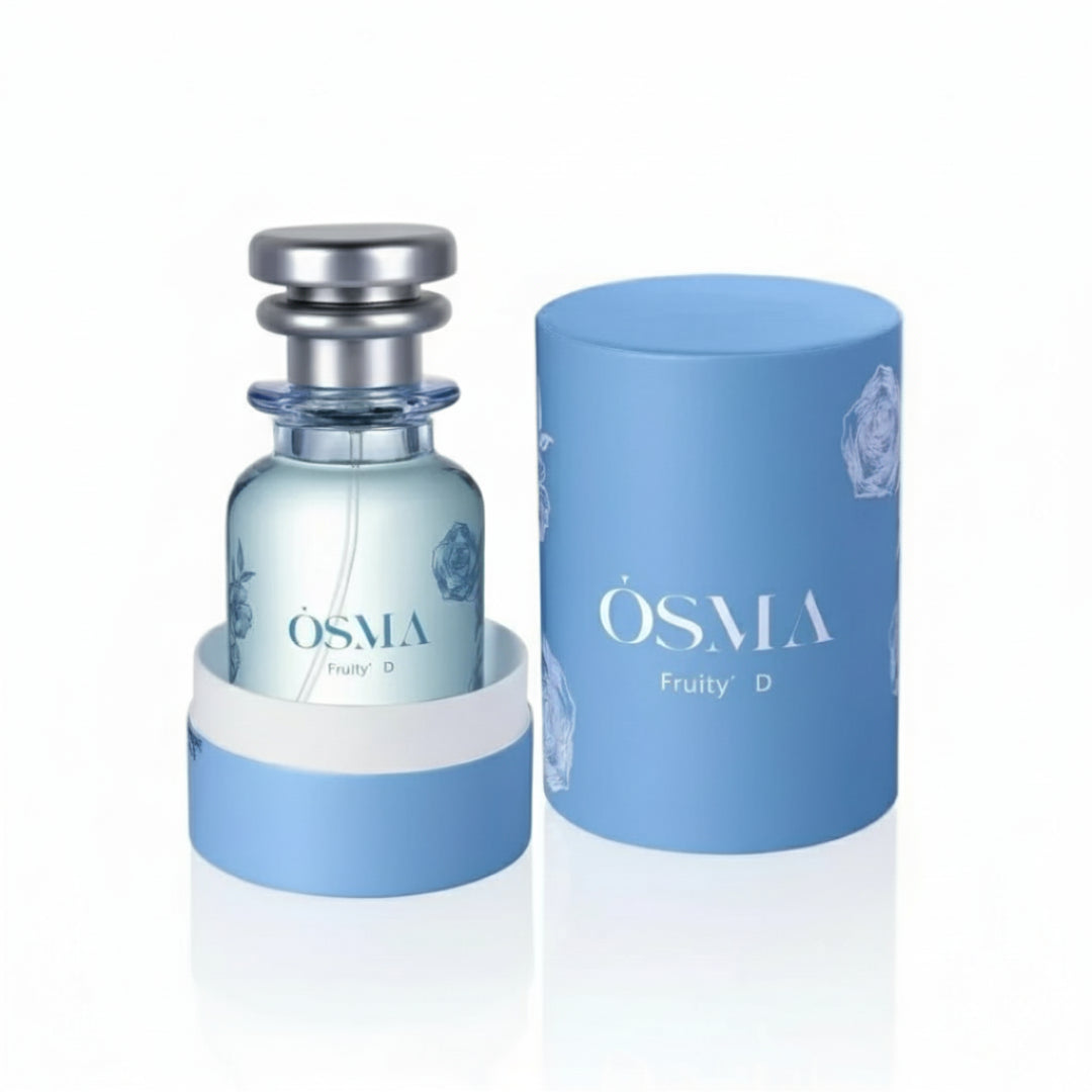 OSMA Fruity D perfume bottle and packaging on a light gray background