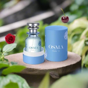 OSMA perfume bottle and packaging with ingredients displayed on a light blue background