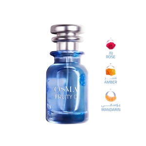 Blue perfume bottle labeled 'OSMA FRUITY' with floral icons on a light gray background