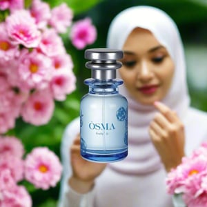 Blue Osma perfume bottle on a light gray background