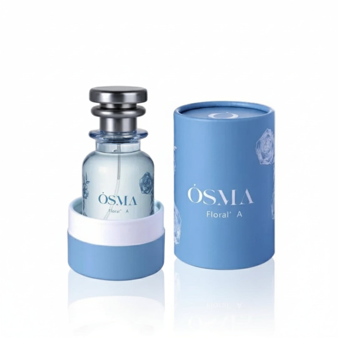 OSMA floral perfume bottle and packaging on a light gray background
