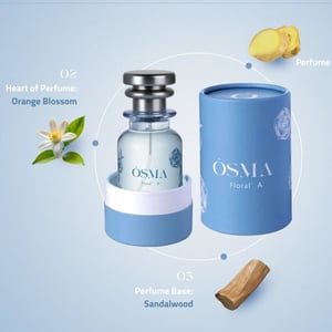 OSMA perfume bottle and packaging on a light blue background with floral elements.