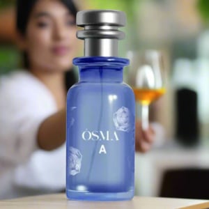 Blue perfume bottle with silver cap on a white background