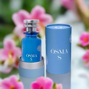 Blue perfume bottle with silver cap and cylindrical container on a white background