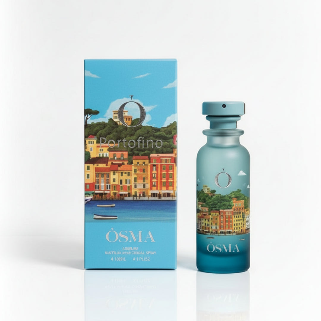 OSMA bottle and packaging with a scenic background of water and boats