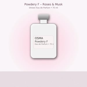 OSMA Powdery F Eau de Parfum bottle on a light pink background