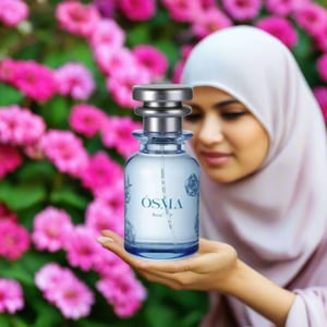 Blue perfume bottle with silver cap on a light gray background