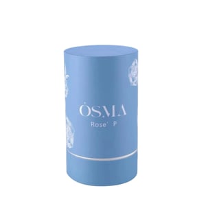 Blue cylindrical container with 'OSMA' branding on a light gray background