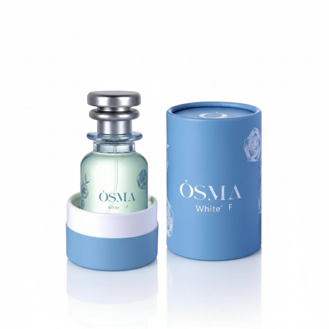 OSMA White F perfume bottle and packaging on a light gray background