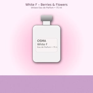 OSMA White F Eau de Parfum bottle on a pink and purple gradient background