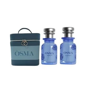 Two blue bottles with silver caps and a matching blue carrying case on a white background, featuring the brand 'Osmia'.
