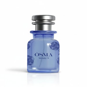 OSMIA Woody S perfume bottle with blue design and silver cap on a white background