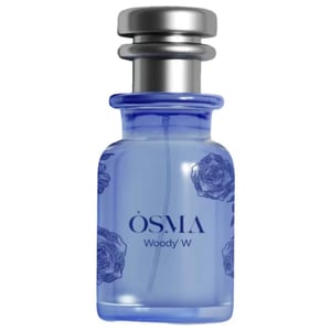 Blue Osma perfume bottle with silver cap on a white background