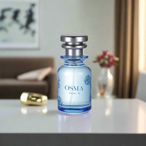 Blue Osma perfume bottle on a light gray background