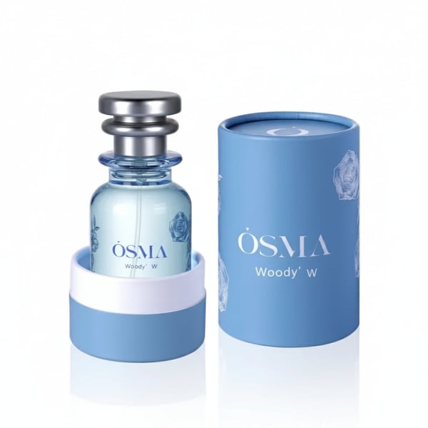 OSMA Woody W perfume bottle and packaging on a light gray background