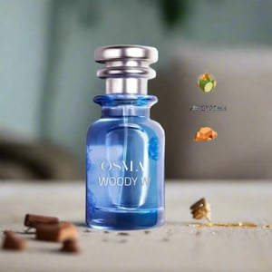 Blue perfume bottle labeled 'Osmia Woody W' with flavor icons on a light gray background