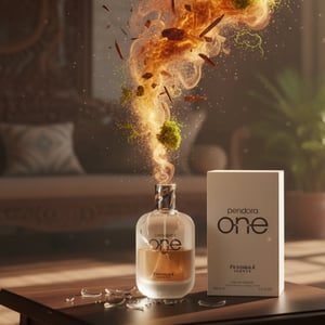 Pendora One perfume bottle and packaging with cityscape background