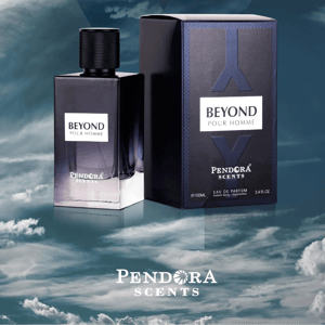 Pendora Scents Beyond Pour Homme perfume bottle and packaging on a cloud background